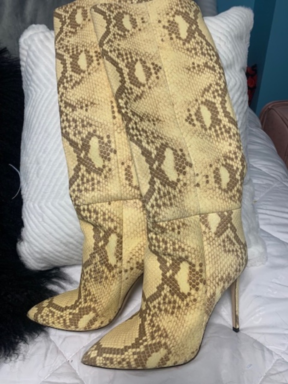 Pale yellow and brown snake print leather boots